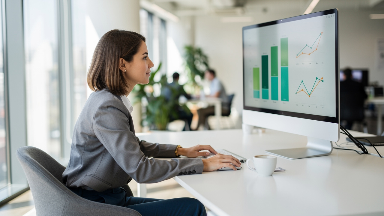 Business owner viewing profit and loss dashboard on monitor