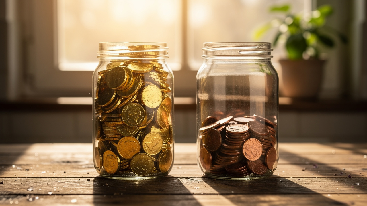 Two jars of coins visually comparing gross and net profit