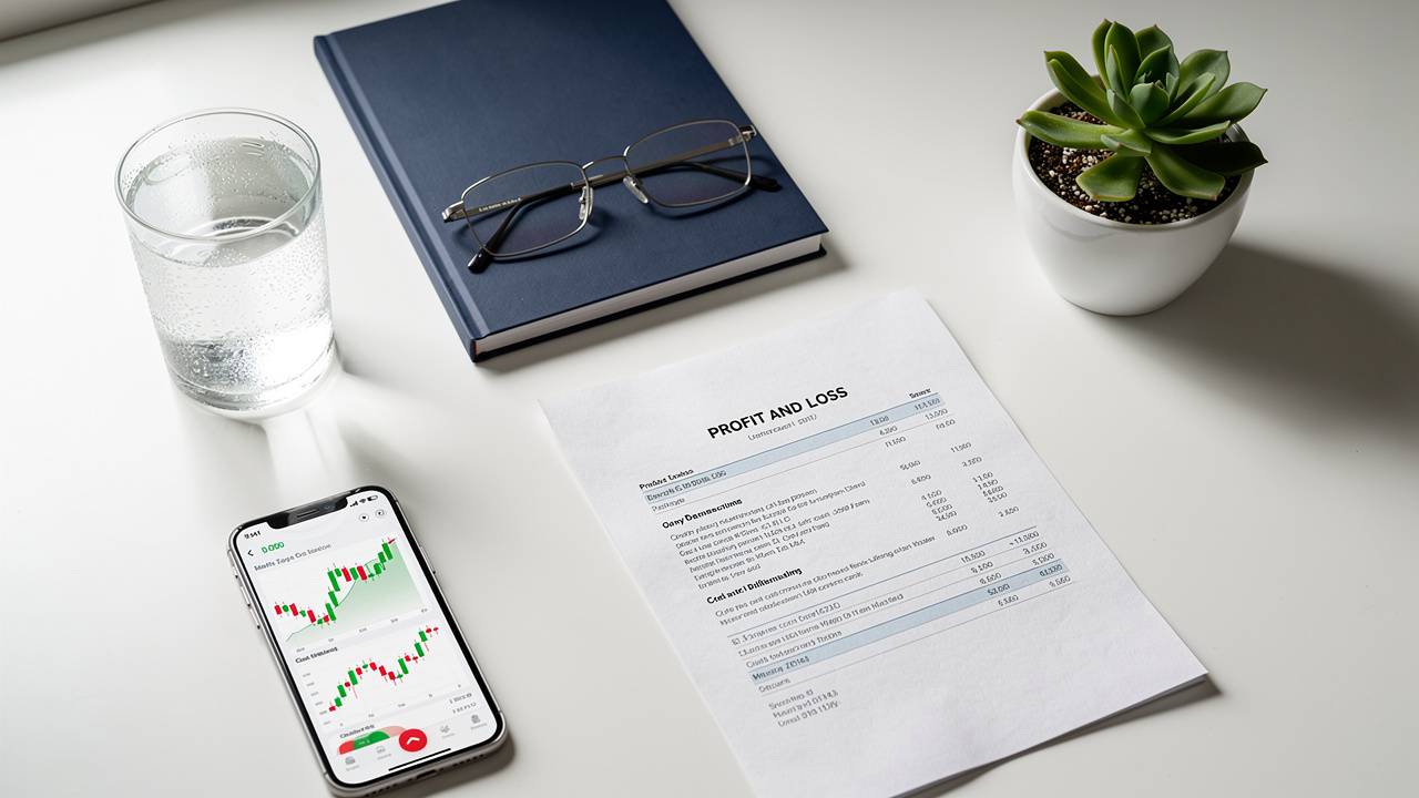 Neat desk showing profit and loss report for UK business