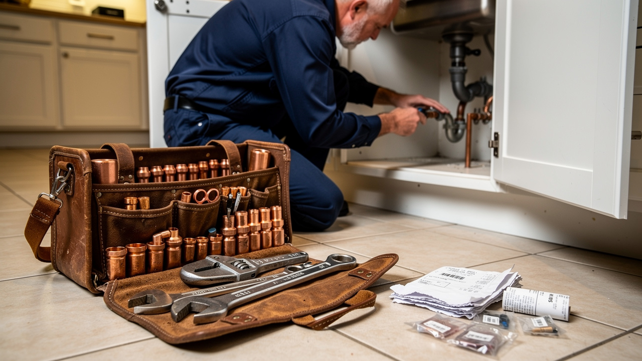 UK plumber working with materials representing direct business costs