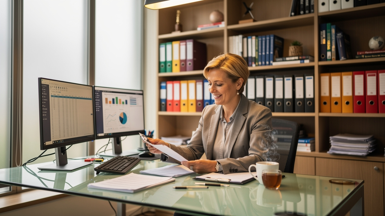 Accountancy specialist reviewing VAT records on dual monitors