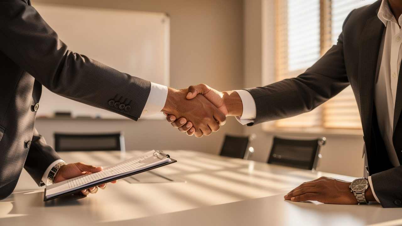 Two professionals shaking hands in a business meeting room