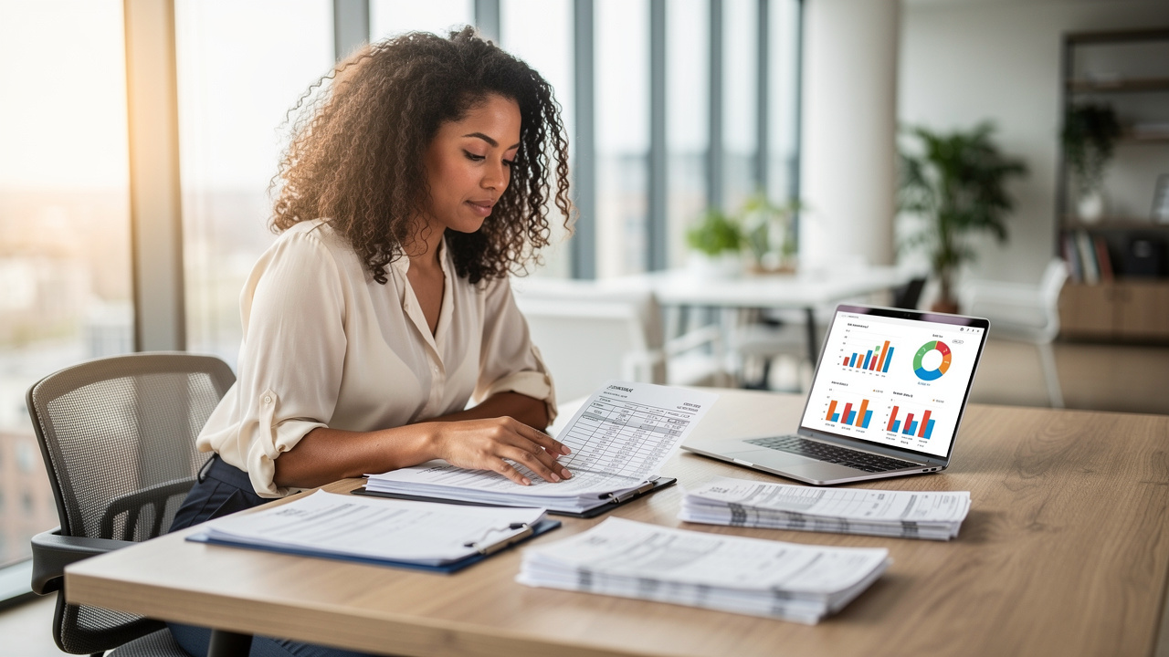 Female business owner reviewing invoices and financial records
